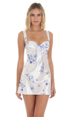 Satin Floral Open Back Dress in White