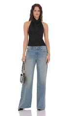 Satin Open Back Top in Black