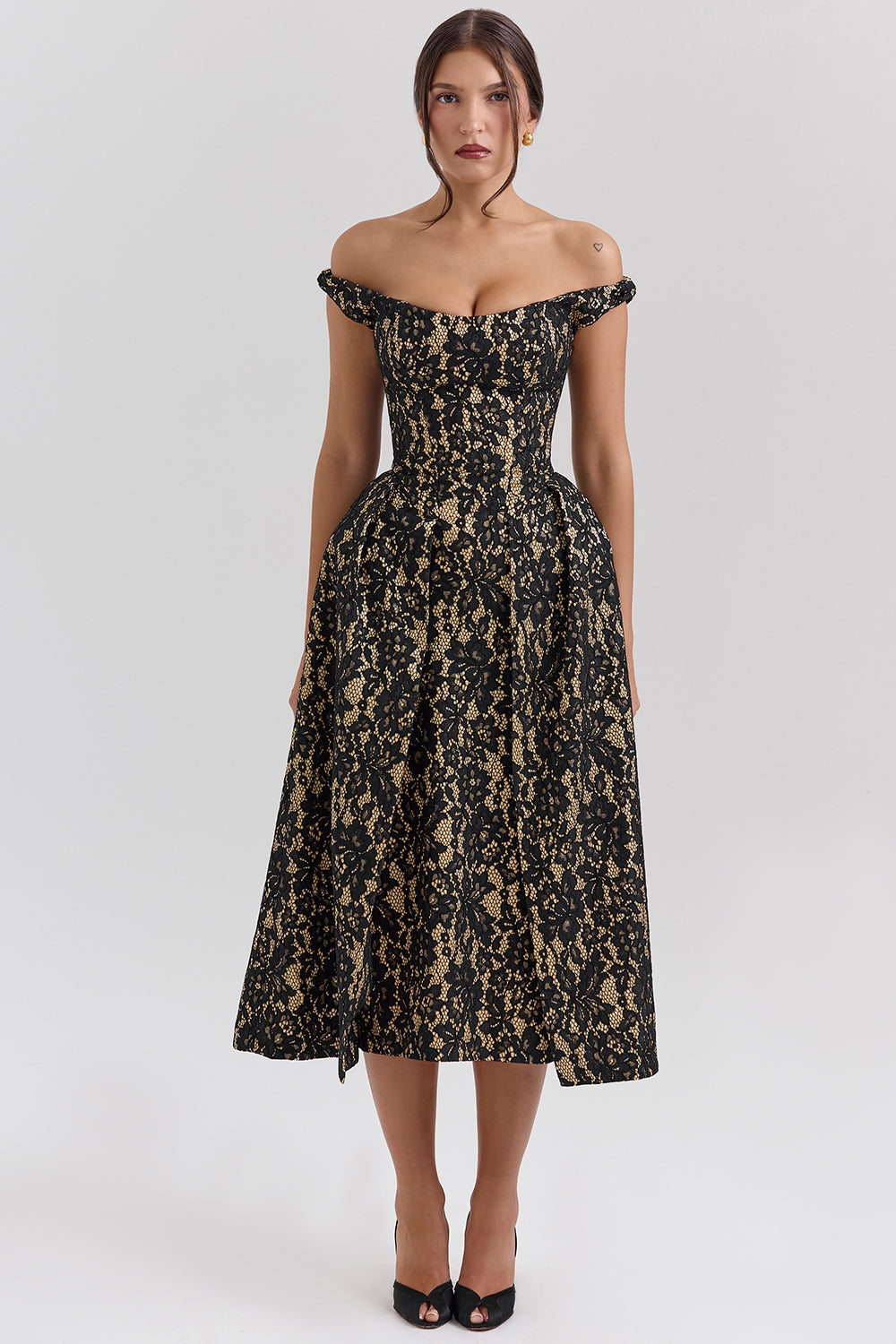 black gold lace off shoulder midi gown