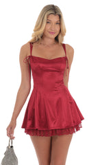 Double Bows Satin Lace Ruffle Dress in Red
