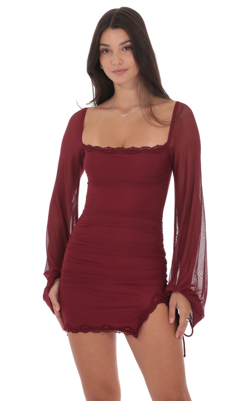 Mesh Lace Ruched Dress in Maroon