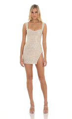 Sequin Ruched Bodycon Dress in Cream
