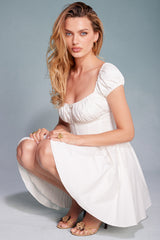 white cotton gathered mini dress