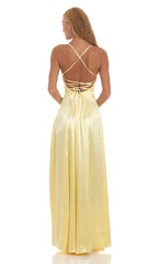 Satin Slit Maxi Dress in Yellow