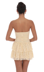 Lace Strapless Ruched Ruffle Dress in Beige