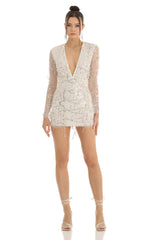 Dangling Sequin Plunge Dress in White