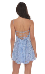 Floral Sequin Fit and Flare Dress in Light Blue