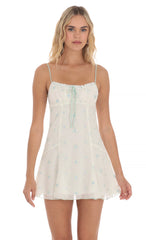 Embroidered Floral Front Tie Dress in White