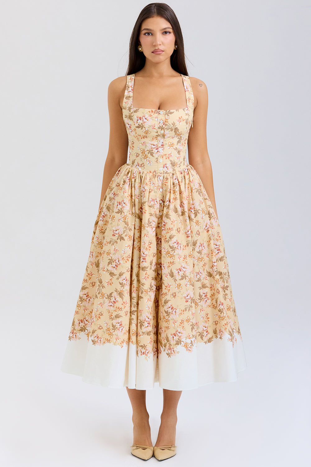 honeyflower print gathered cotton midi dress