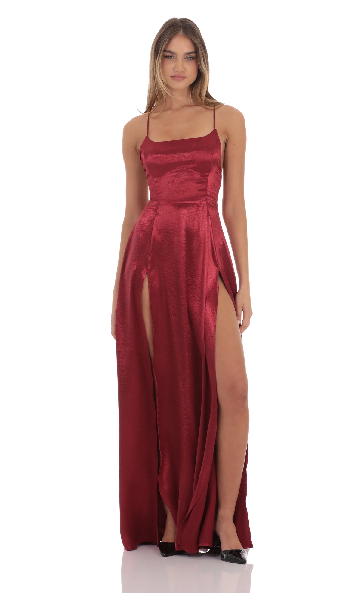 Satin Double Slit Maxi Dress in Deep Red