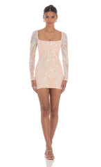 Iridescent Sequin Long Sleeve Dress in Peach