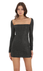 Shimmer Long Sleeve Open Back Bodycon Dress in Black