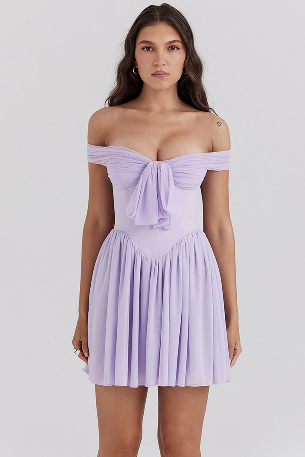 orchid off shoulder mini dress