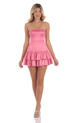 Satin Strapless Ruffle Dress in Pink