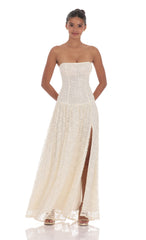 Lace Sequin Drop Waist Maxi Dress in Cream
