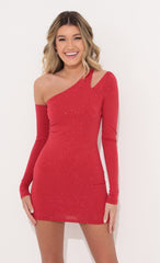Shimmer Shoulder Cutout Dress in Red