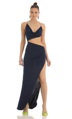 Rhinestone Cutout Maxi Dress in Navy
