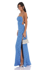 Satin Floral Maxi Dress in Blue