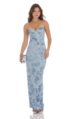 Velvet Floral Maxi Dress in Blue