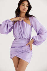 orchid satin wrap front mini dress