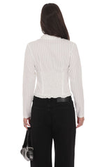 Pinstripe Ruffle Hem Button-Up Shirt in White