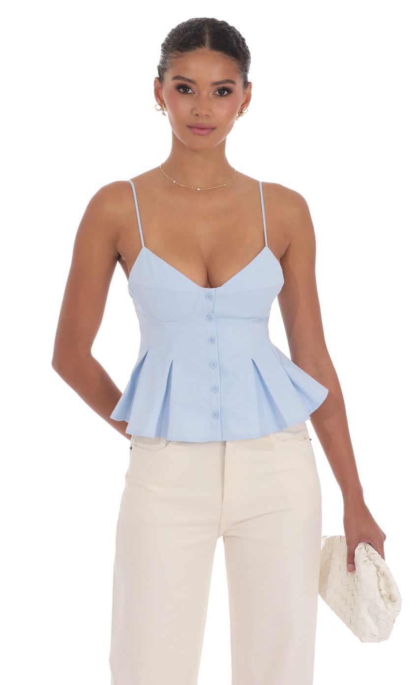 Pinstripe Pleated Flare Top in Sky Blue