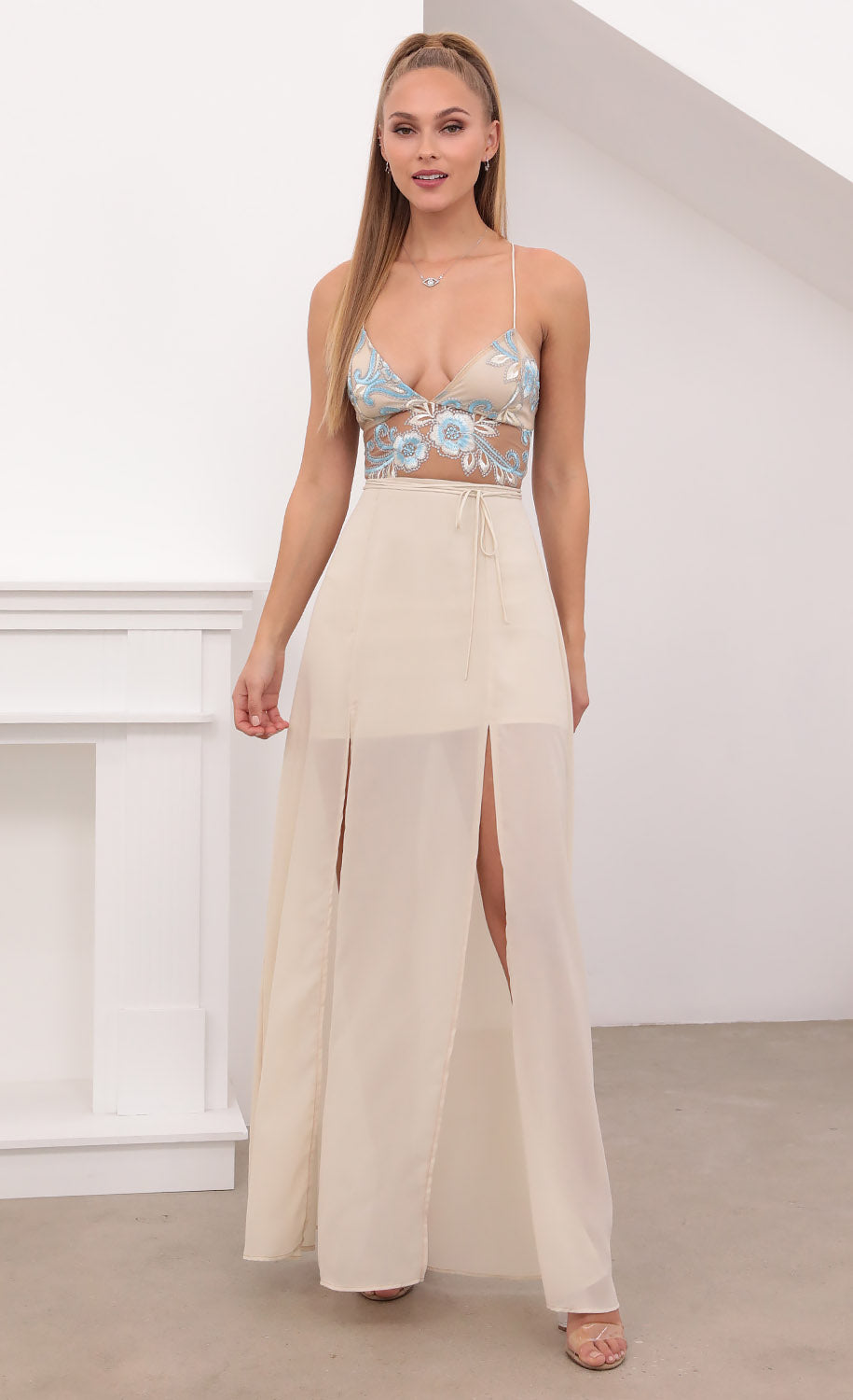 Gold Lace Maxi Dress in Sand