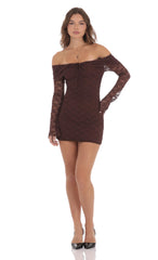 Lace Draped Off Shoulder Dress in Brown