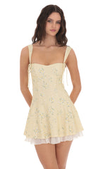 Floral Double Bows Ruffle Dress in Yellow