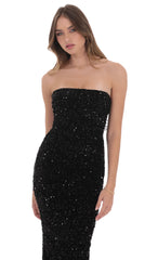 Velvet Sequin Strapless Maxi Dress in Black