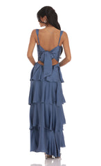 Satin Ruffle Maxi Dress in Slate Blue