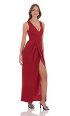 V-Neck Slit Maxi Dress in Red