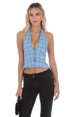 Plaid V-Neck Halter Top in Blue