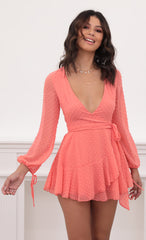 Dotted Long Sleeve Wrap Dress in Coral