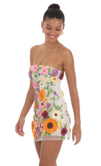 3-D Floral Strapless Dress in White