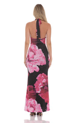 Pink Floral Halter Maxi Dress in Black