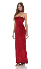 Velvet Reverse Halter Maxi Dress in Red