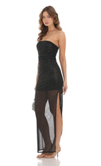 Shimmer Mesh Strapless Maxi Dress in Black