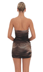 Swirl Mesh Strapless Bodycon Dress in Brown