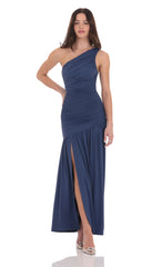 One Shoulder Drop Waist Maxi Dress in Navy