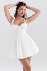 white broderie anglais halter mini dress