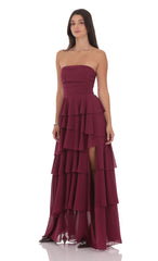 Corset Ruffle Strapless Maxi Dress in Plum