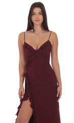 Ruffle V-Neck Maxi Dress in Burgundy