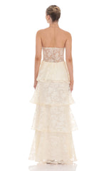 Floral Smocked Ruffle Maxi Dress in Cream