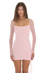 Mesh Long Sleeve Tassel Dress in Pink