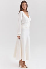 ivory wool mix flared midi skirt