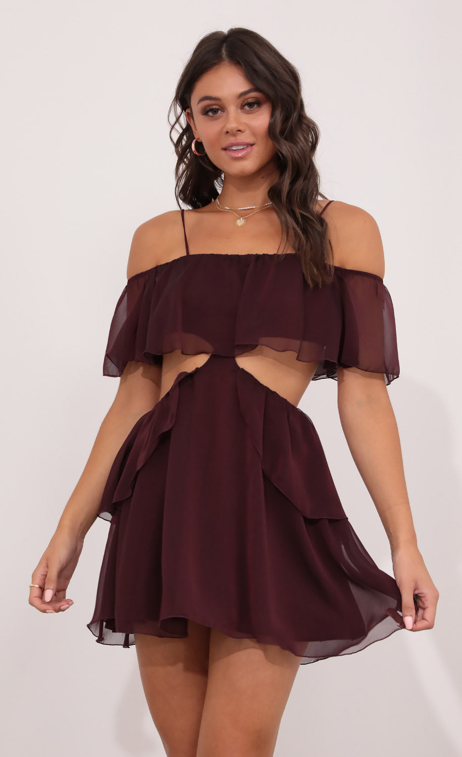 Mesh Cutout Dress in Burgandy