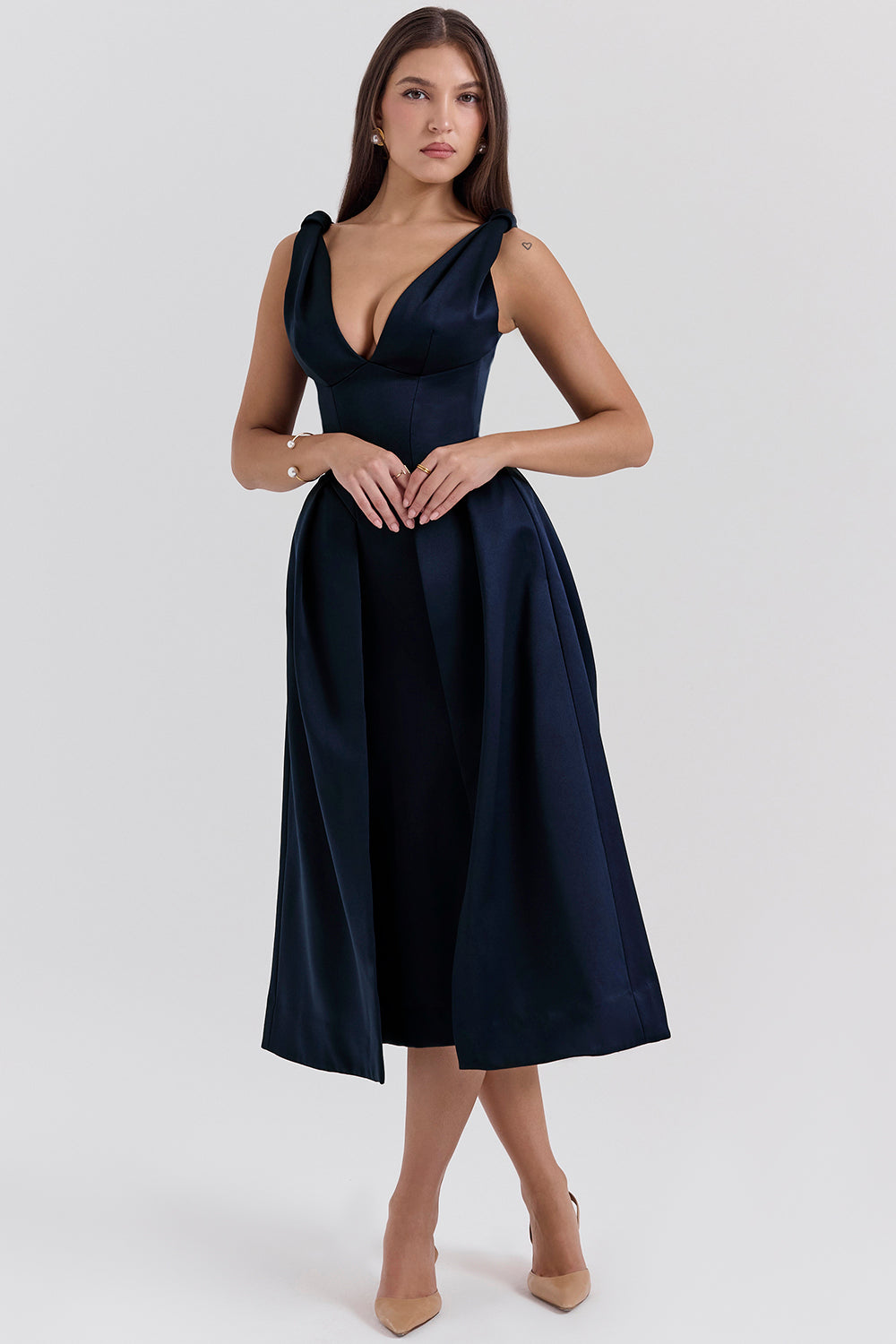 midnight twist strap satin midi dress