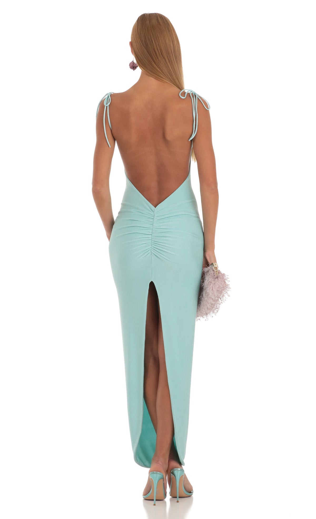 Slinky Back Slit Maxi Dress in Aqua