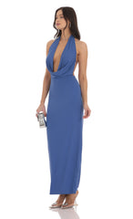 Plunge Cowl Neck Halter Maxi Dress in Slate Blue